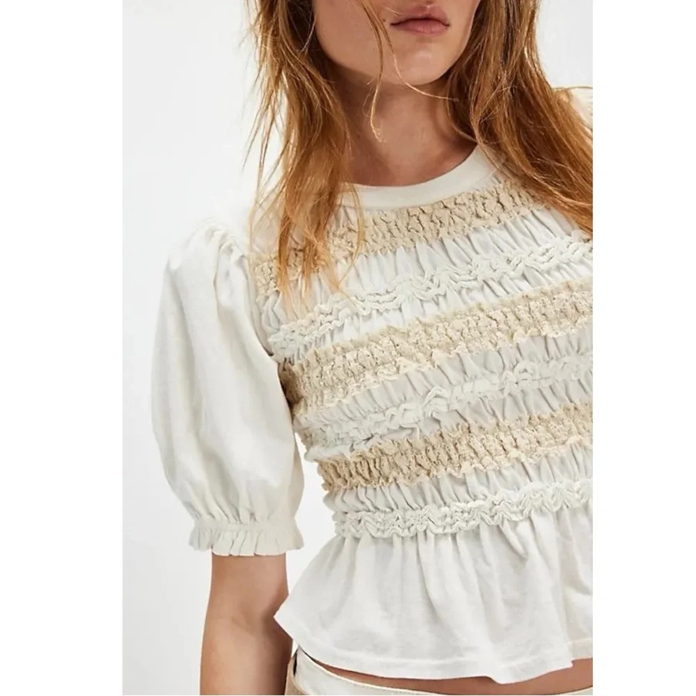 Free People Bohemian Cottage Ruched Maxey Knit Top in Ivory XL NWT Puff Sleeves